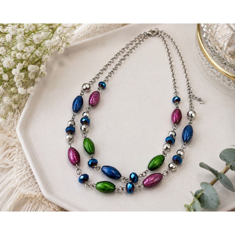 Vintage 80s Double Strand Beaded Necklace Blue Green Purple AB Crystal Boho Y2K